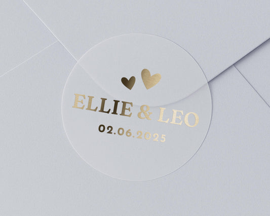 Personalised Wedding Envelope Seal, Gold Foil Wedding Sticker, Custom Names and Date, Heart Envelope Sticker, Wedding Favour Seal