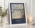 Personalised Gold Foil Map Print, Custom Location Map, Navy Blue Wall Art, Where We Met Gift for Couple, Wedding Gift