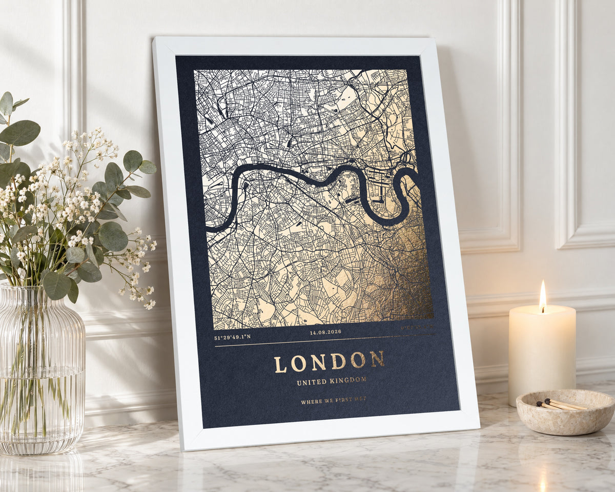 Personalised Gold Foil Map Print, Custom Location Map, Navy Blue Wall Art, Where We Met Gift for Couple, Wedding Gift