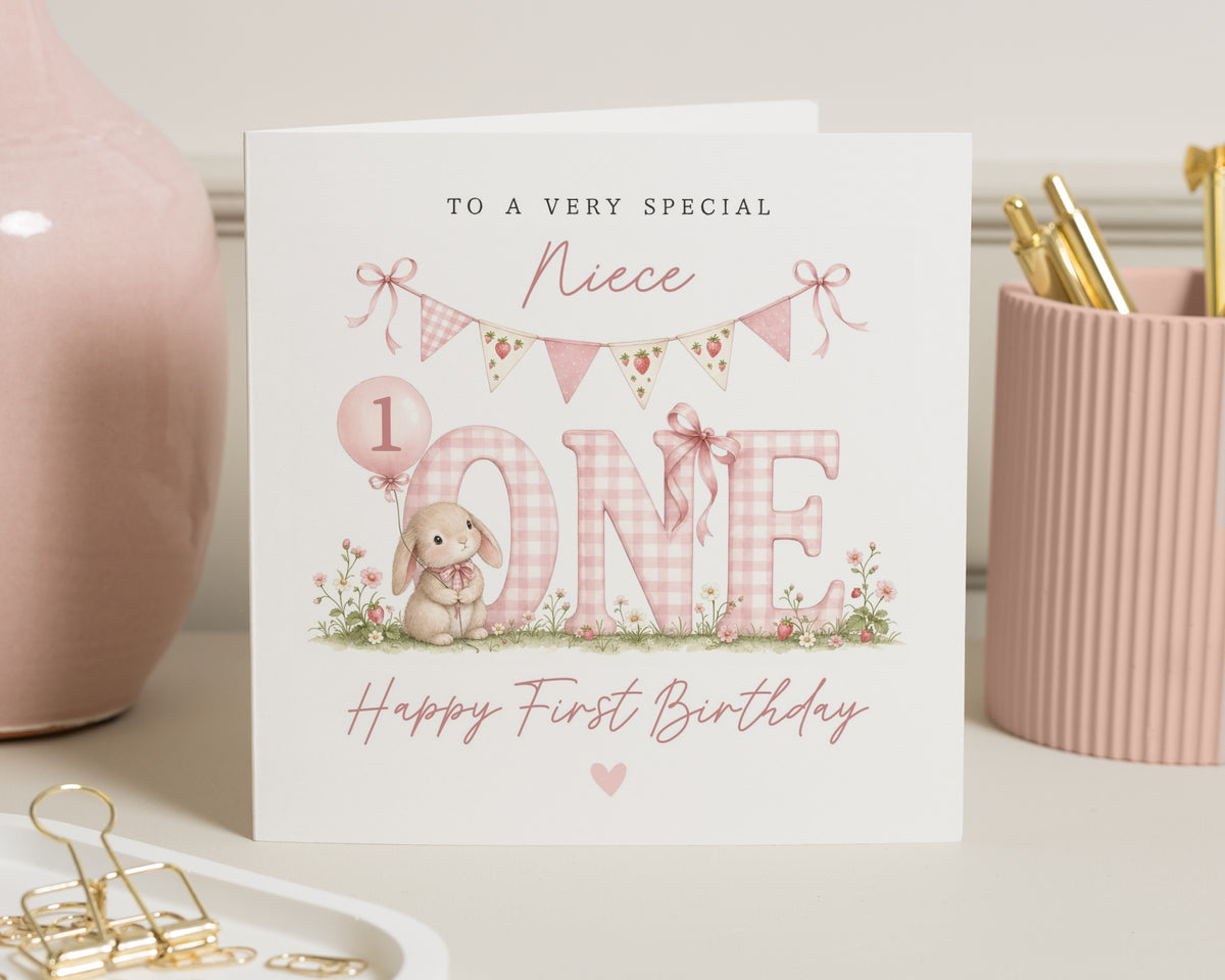 1st Birthday Card for Niece, First Birthday Card, Niece Birthday Card, Bunny Birthday Card, Cute Pink Birthday Card for Girl