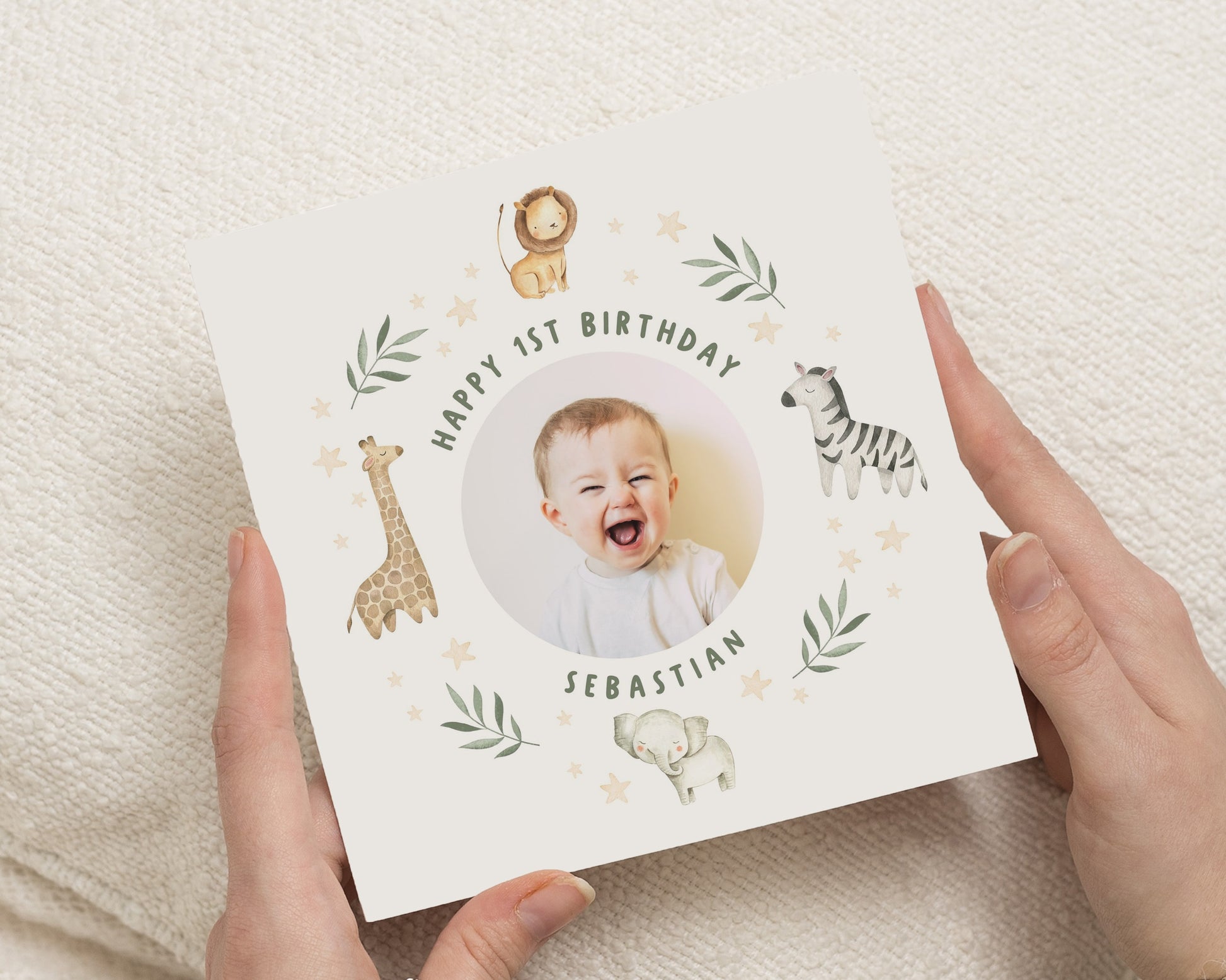 1st Birthday Card, Personalised First Birthday Card, Photo Birthday Card, Safari Birthday Card, Jungle Animal Baby Birthday Card