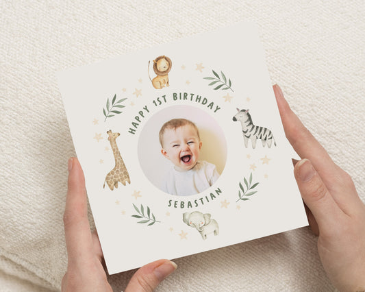 1st Birthday Card, Personalised First Birthday Card, Photo Birthday Card, Safari Birthday Card, Jungle Animal Baby Birthday Card