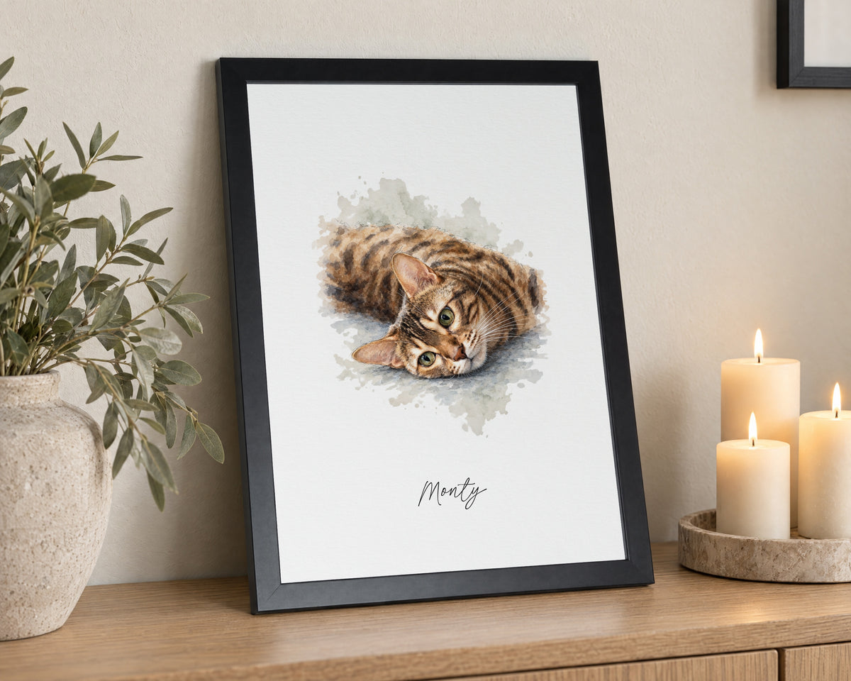 Personalised Pet Portrait From Your Photo, Watercolour Cat Print, Custom Pet Name Wall Art, Gift for Cat Lover, Black Framed Print