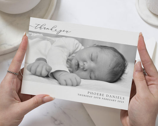 Black & White Photo Folded Thank You Cards, New Baby Photo Thankyou Cards, Baby Personalised Thank You Card, New Baby Boy Announcement Cards