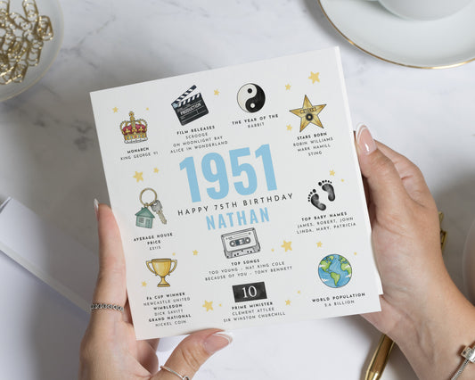 1951 Birthday Card, 75th Birthday Card for Him, Personalised Card, Birthday Card for Dad, Grandad, Husband, Milestone Birthday Card