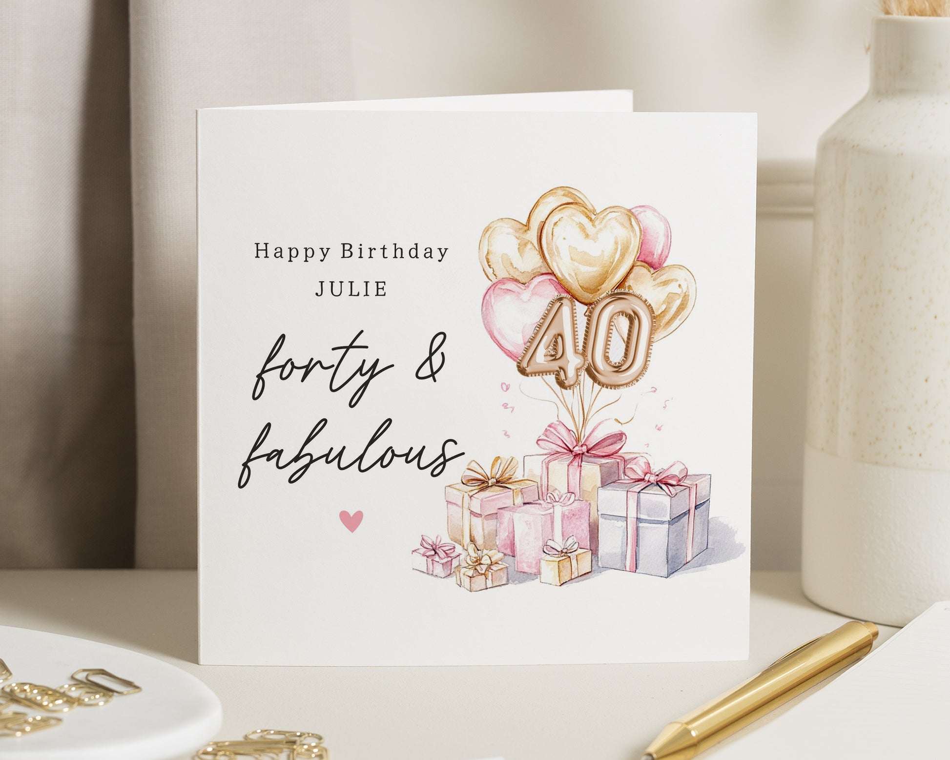 40th Birthday Card for Her, Personalised Birthday Card, Forty and Fabulous Card, Birthday Card for Friend, Balloon Birthday Card