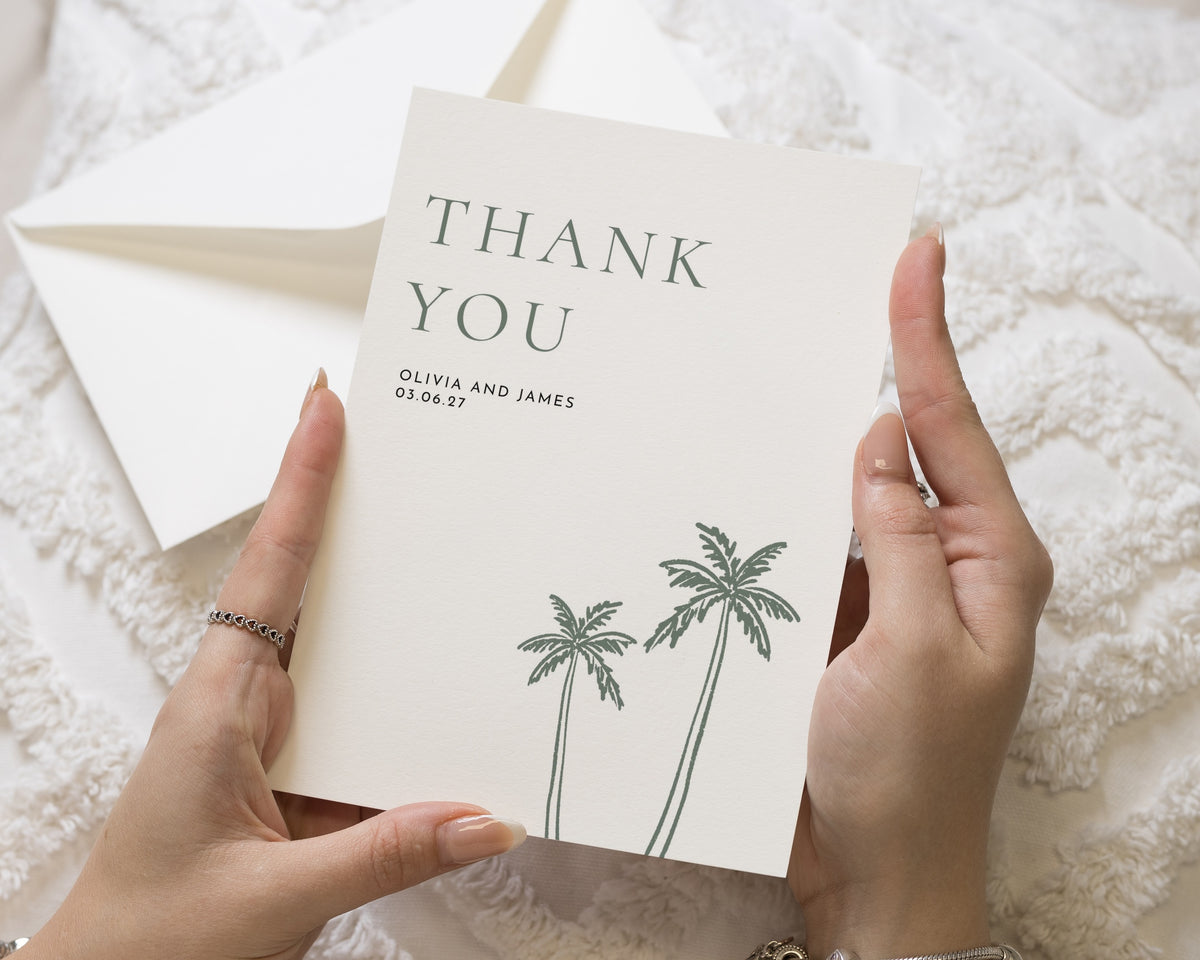 Personalised Wedding Thank You Cards, Wedding Thank You Cards, Thank You Cards, Tropical Palm Thank You Card, Minimal Folded Wedding Card