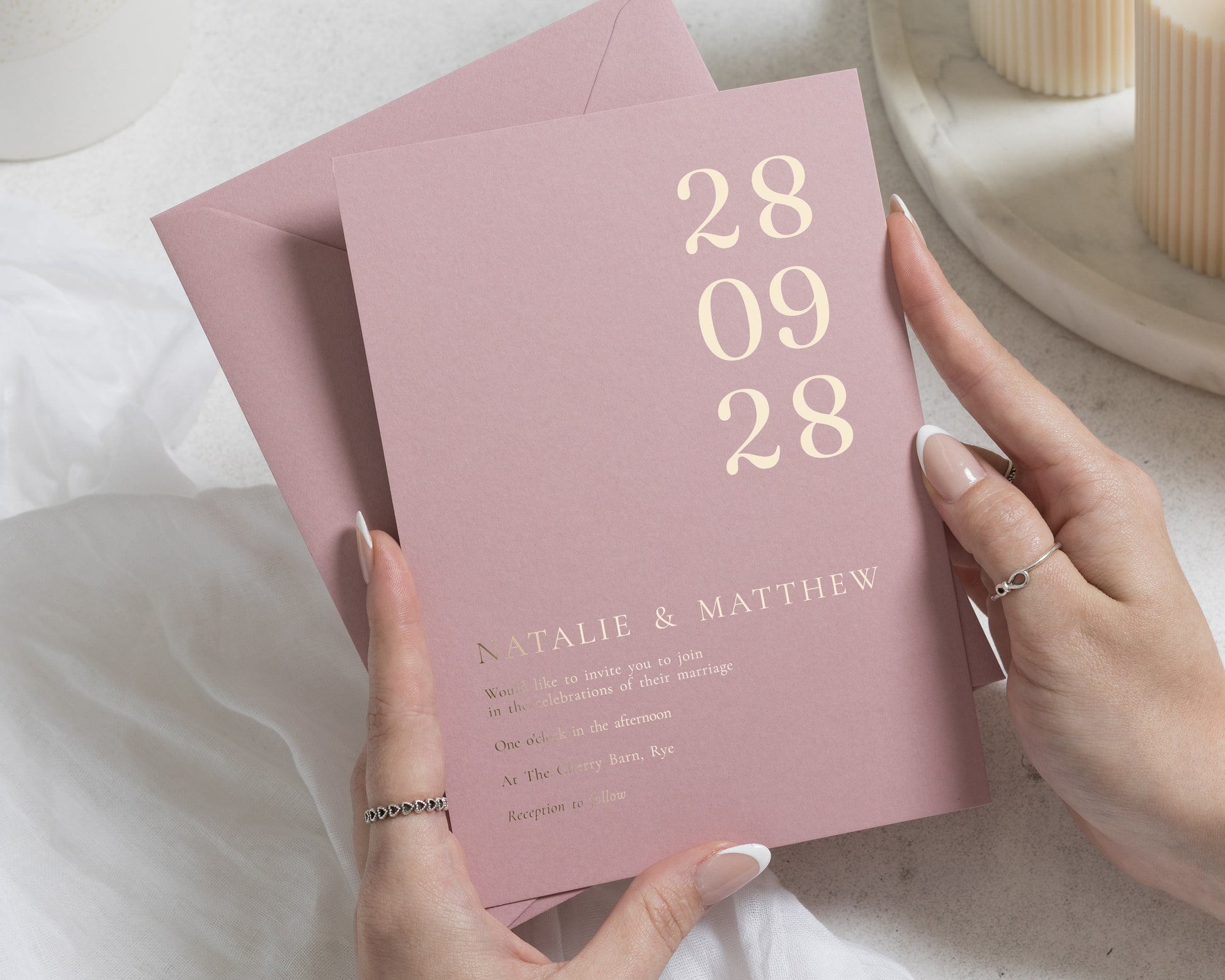 Gold Foil Wedding Invitations, Minimalist Date Wedding Invite, Rose Pink Personalised Invitation, Elegant Typography Wedding Stationery