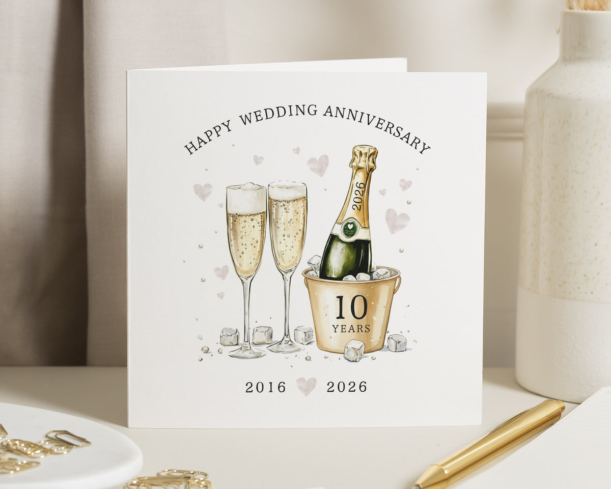 10th Wedding Anniversary Card, Personalised Anniversary Card, Anniversary Card for Husband, Wife Anniversary Card, Champagne Couple Card