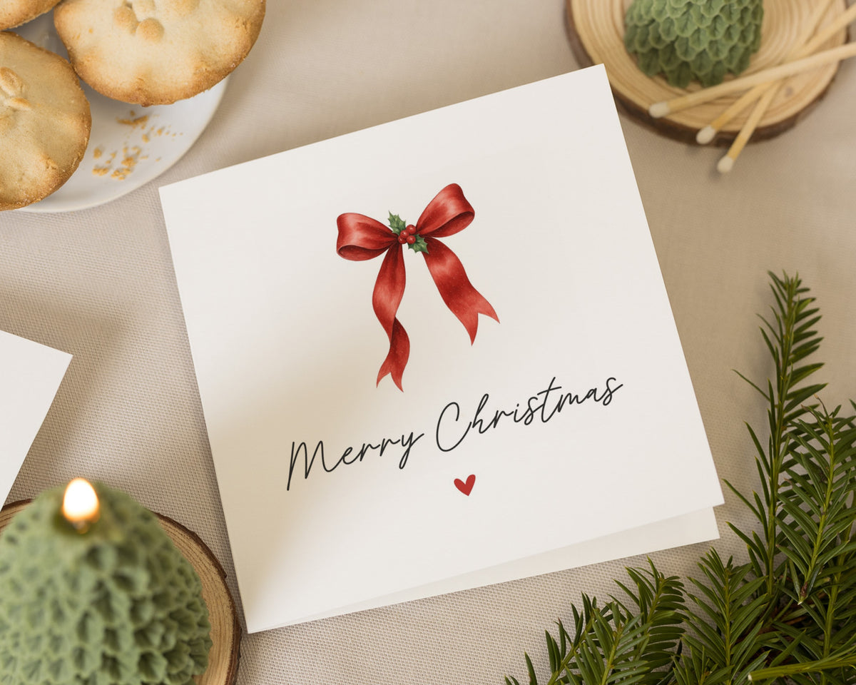Christmas Card, Merry Christmas Card, Simple Christmas Card, Cute Christmas Card, Red Bow Christmas Card, Xmas Card for Friend