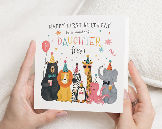 1st Birthday Card for Daughter, First Birthday Card, Daughter Birthday Card, Personalised Birthday Card, Safari Animal Birthday Card