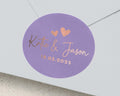 Personalised Wedding Envelope Sticker, Purple Foil Heart Sticker, Custom Name Date Seal, Wedding Invitation Sticker