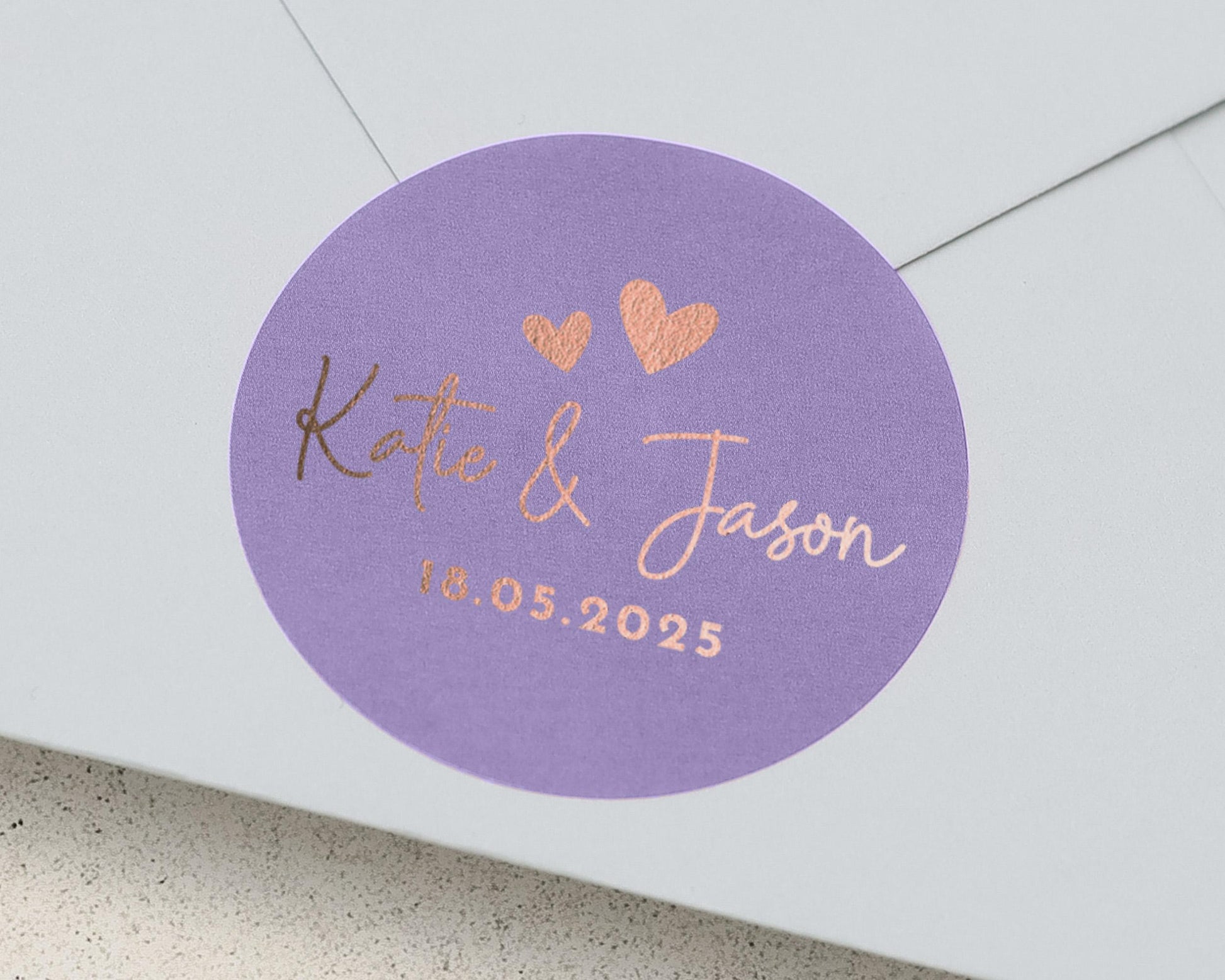 Personalised Wedding Envelope Sticker, Purple Foil Heart Sticker, Custom Name Date Seal, Wedding Invitation Sticker