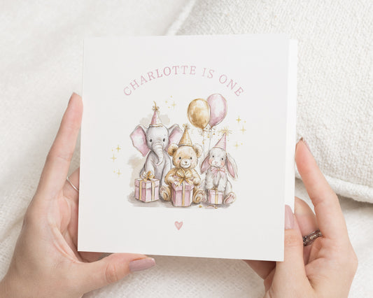 1st Birthday Card for Girl, Personalised Animal Card, Cute Bunny Bear Elephant Card