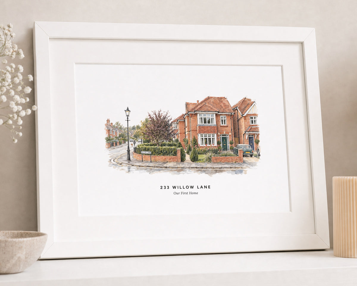 Personalised House Portrait Print, Custom Home Illustration, New Home Gift, First Home Wall Art, House Warming Gift, White Frame