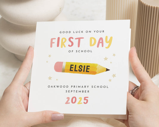 First Day of School Card, Good Luck Card for Girl, Personalised School Card, Custom Name Card, Starting School Card, Cute Pencil Card
