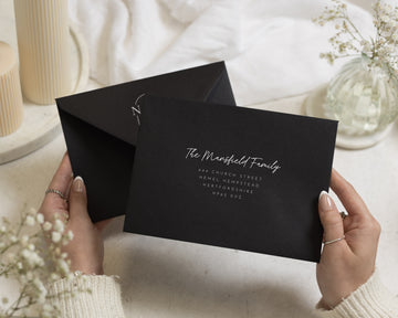 Black Envelopes with White Ink Guest or Return Address Printing, C6, 5x7 or C5 Wedding Invitation Envelopes (Onyx)
