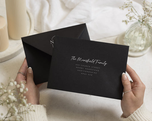 Black Envelopes with White Ink Guest or Return Address Printing, C6, 5x7 or C5 Wedding Invitation Envelopes (Onyx)