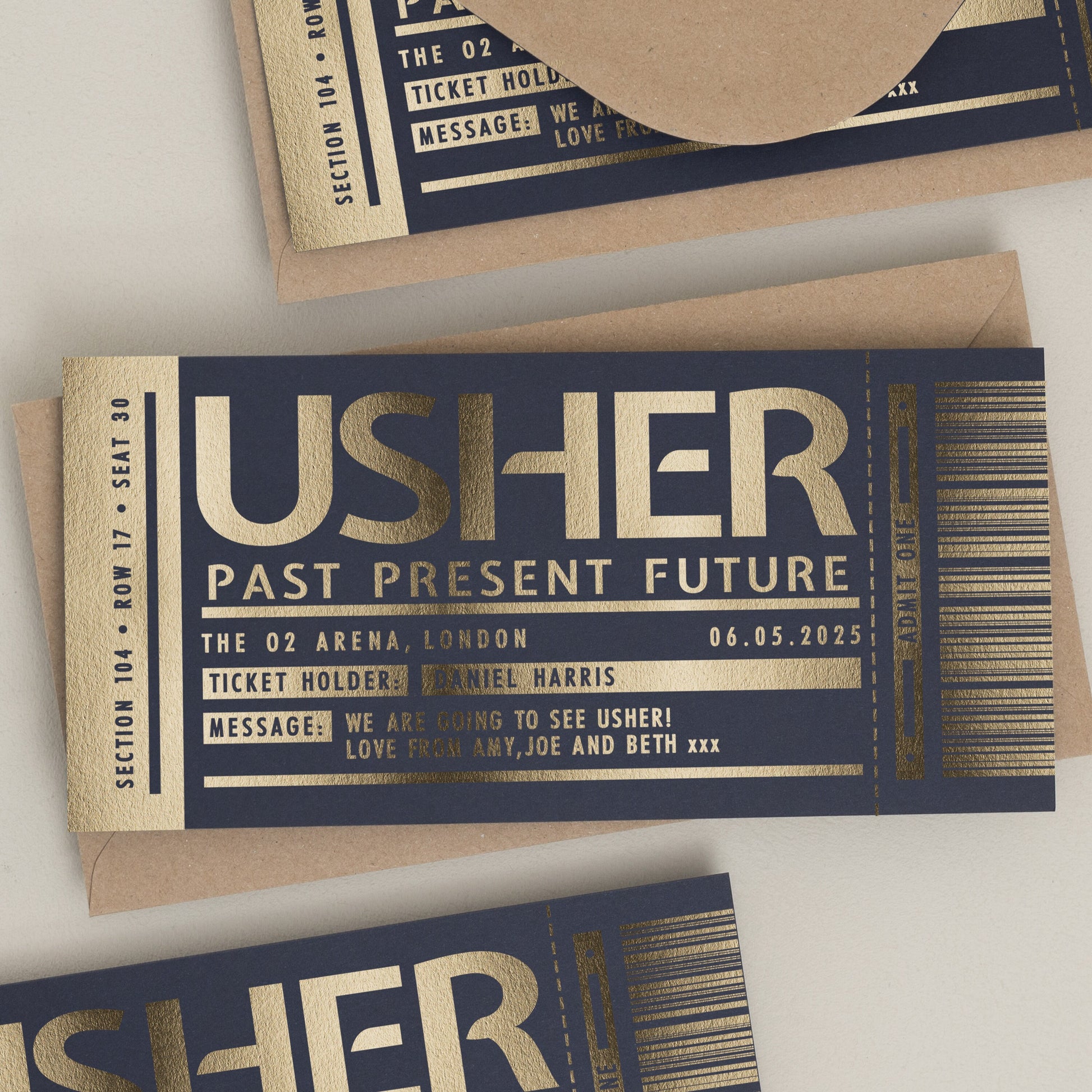 Personalised Gold Foil Gift Voucher, Usher Gig Ticket Gift Voucher, Foil Concert Reveal Gift, You&#39;re Going To See Usher Surprise Gig Ticket