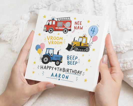 4th Birthday Card for Boy, 4th Birthday Card for Boys, Personalised Birthday Card, Digger Birthday Card, Tractor Fire Engine Card