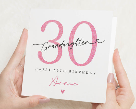 30th Birthday Card for Granddaughter, Personalised Birthday Card, Custom Granddaughter Birthday Card, Pink Printed Metallic Effect Card