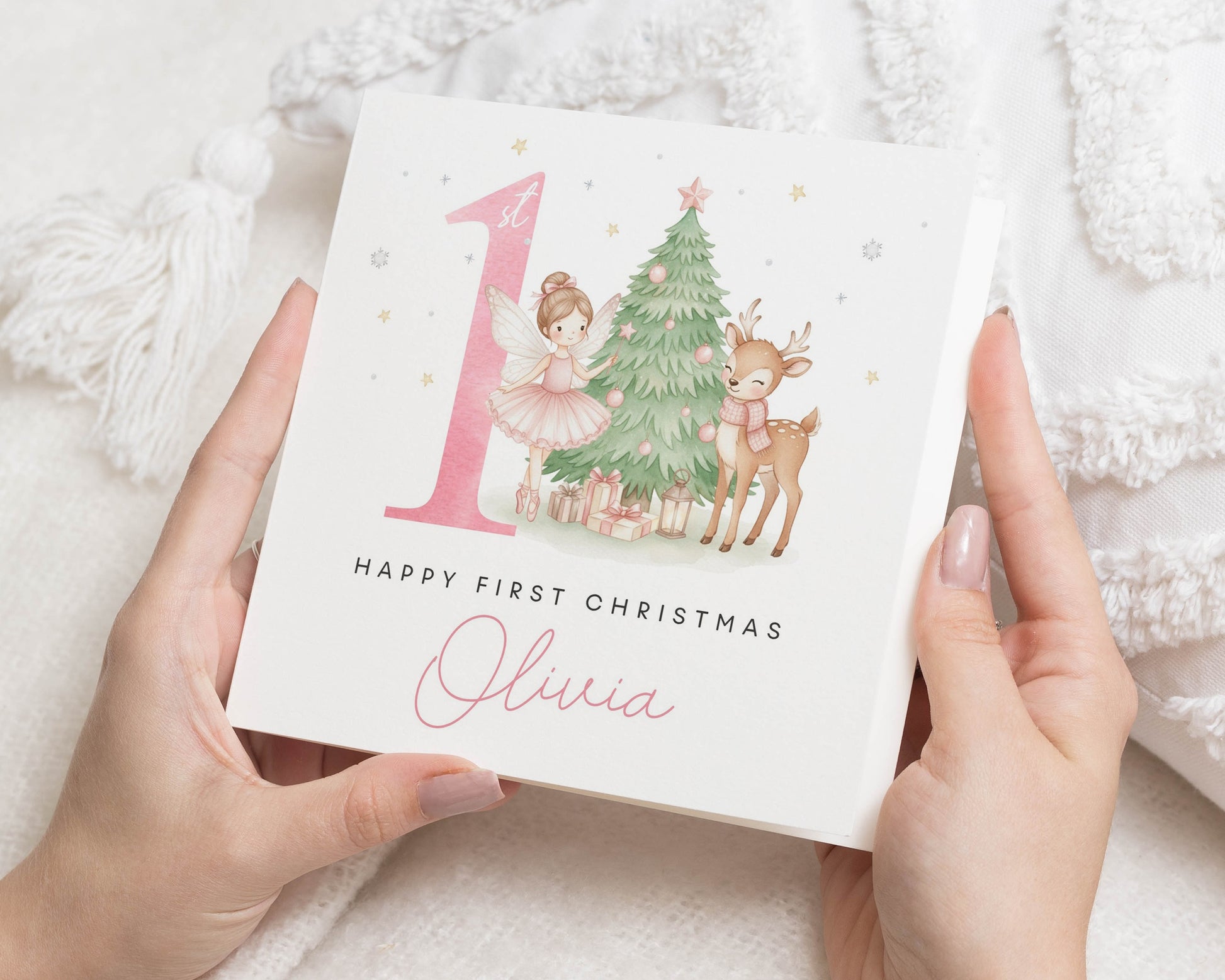 First Christmas Card for Girl, 1st Christmas Card, Personalised Christmas Card, Baby Girl Christmas Card, Reindeer Fairy Card