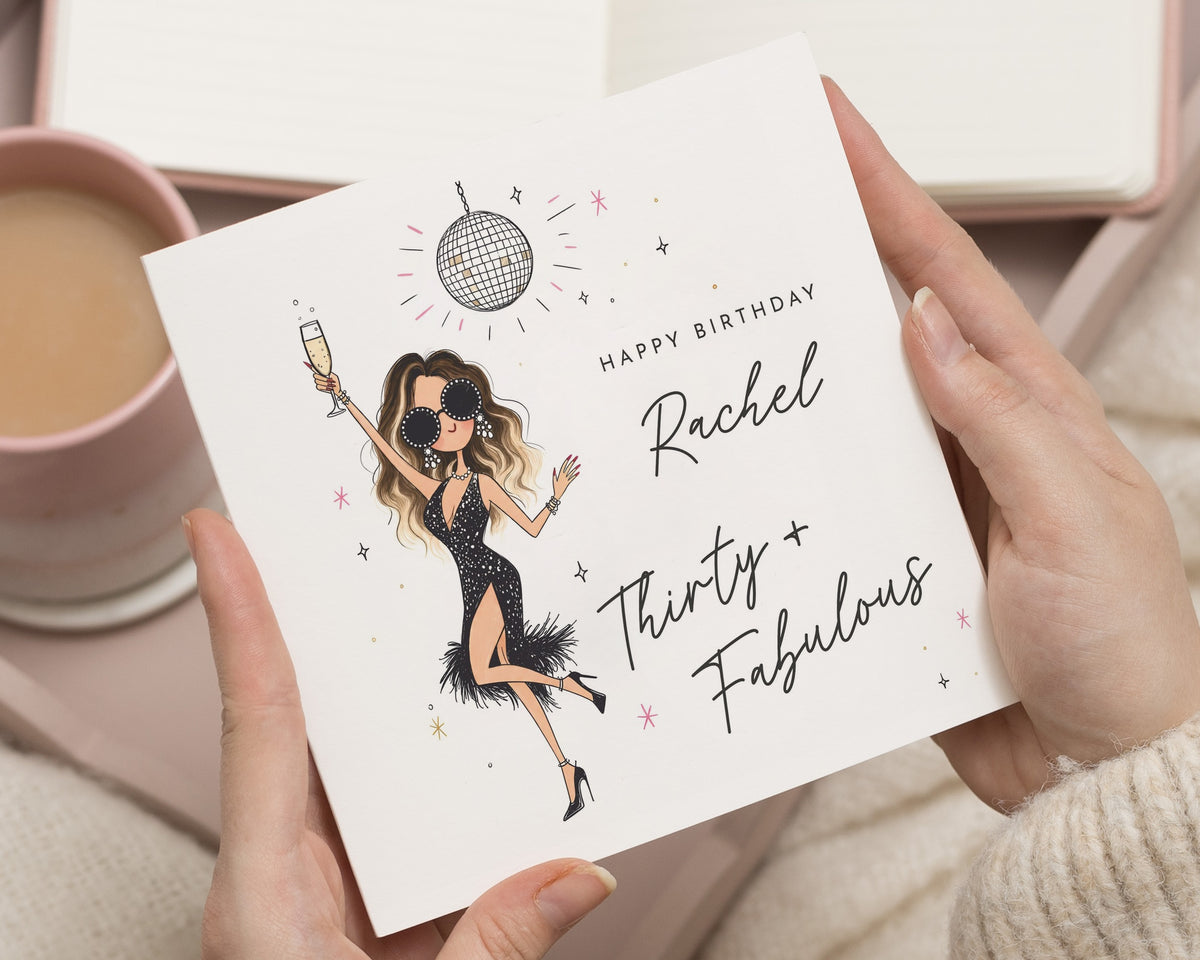 30th Birthday Card for Her, Personalised Birthday Card, Thirty and Fabulous Card, Birthday Card for Friend, Disco Birthday Card