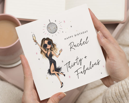 30th Birthday Card for Her, Personalised Birthday Card, Thirty and Fabulous Card, Birthday Card for Friend, Disco Birthday Card