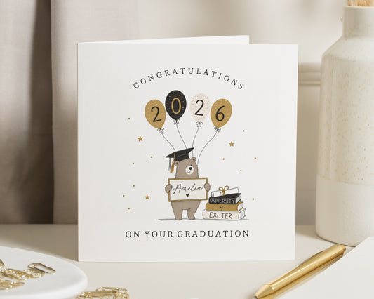 Personalised Graduation Card, University Graduation Cards, Congratulations Graduate Card, Cute Bear Card, Card for Son or Daughter