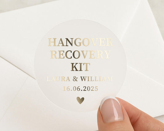 Hangover Recovery Kit Sticker, Wedding Favour Sticker, Personalised Wedding Sticker, Gold Foil Wedding Label