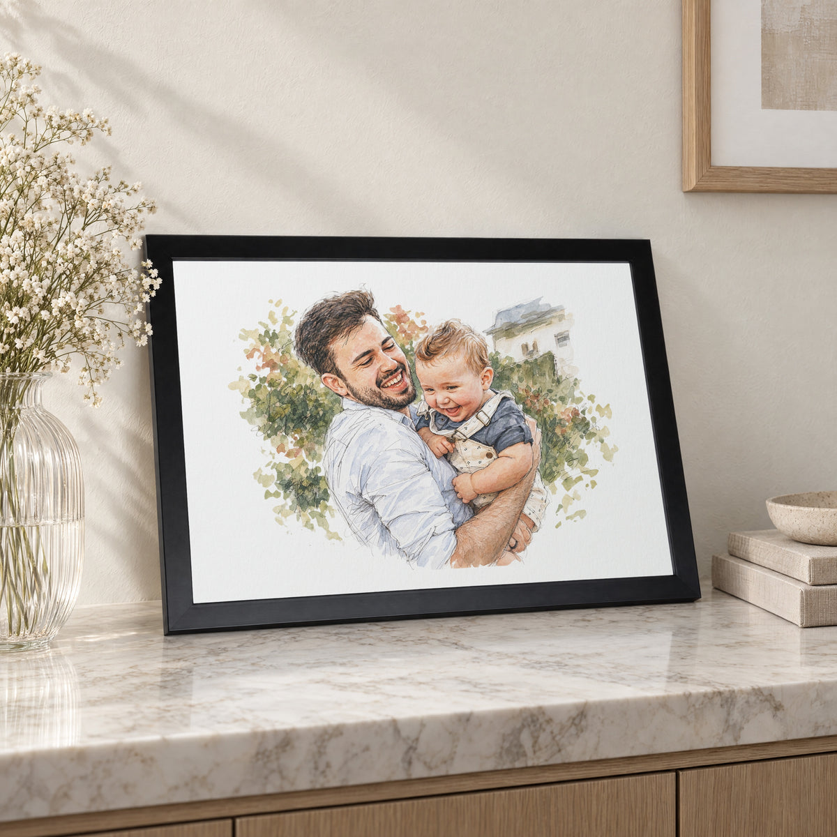 Personalised Watercolour Portrait, Print From Photo, Custom Family Wall Art, Gift for Dad, Gift for Parents, Black Framed Print