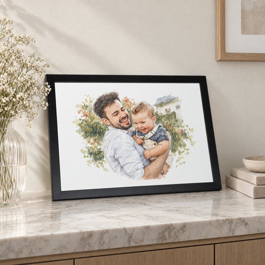 Personalised Watercolour Portrait, Print From Photo, Custom Family Wall Art, Gift for Dad, Gift for Parents, Black Framed Print