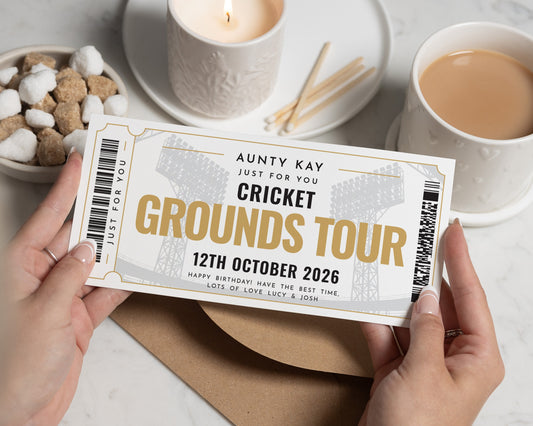Personalised Cricket Grounds Tour Gift Voucher, Birthday Gift Voucher for Auntie, Cricket Ticket Gift, Experience Gift for Him or Her