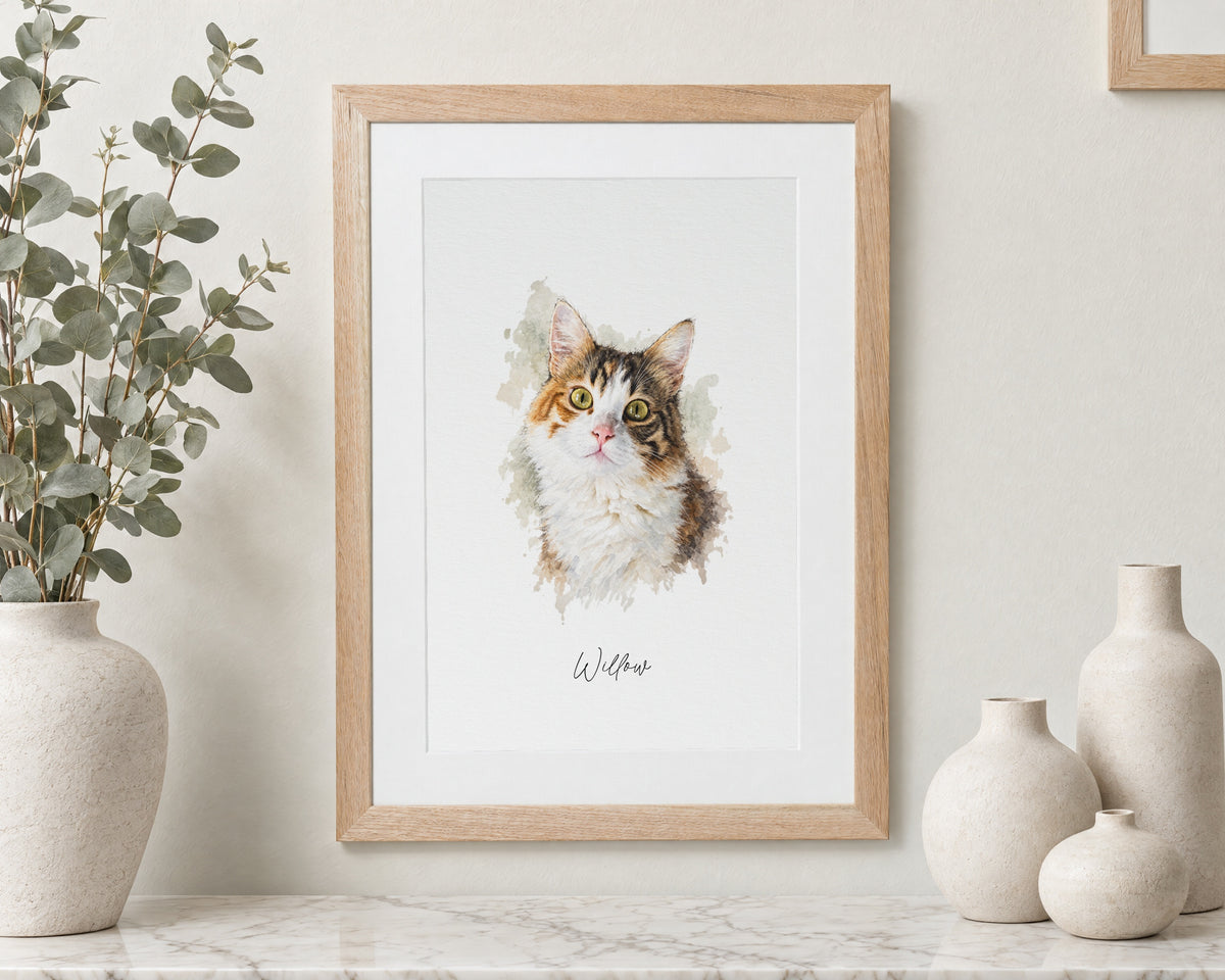 Custom Pet Portrait From Photo, Personalised Watercolour Pet Print, Pet Owner Gift, Cat Lover Wall Art, Portrait Oak Framed Print