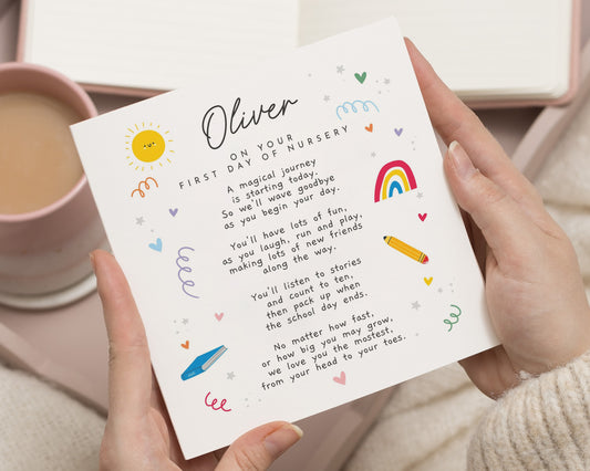 Personalised First Day of Nursery Card, Good Luck Nursery Card, First Day at Preschool Card, Back to School Card for Child, Kids Poem Card