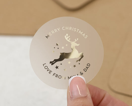Merry Christmas Sticker, Reindeer Christmas Sticker, Personalised Christmas Sticker, Gift Sticker, Christmas Label, Gold Foil Sticker