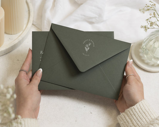 Forest Green Envelopes with White Ink Address Printing, C6, 5x7 or C5 Wedding Invitation Envelopes (Olive)