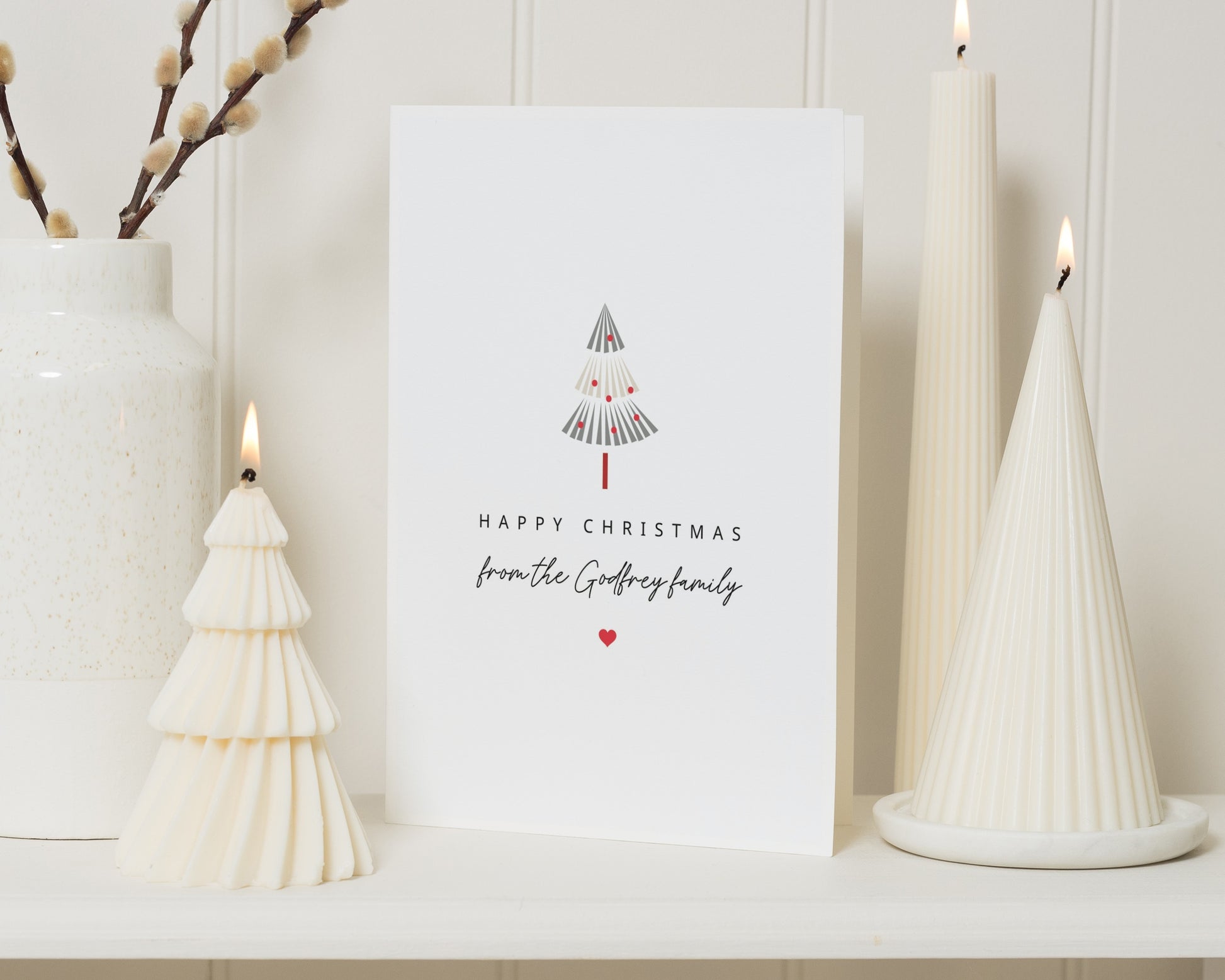 Personalised Christmas Card, Minimalist Christmas Tree Card, Custom Family Name, Folded Christmas Card, Single or Multipack