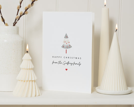 Personalised Christmas Card, Minimalist Christmas Tree Card, Custom Family Name, Folded Christmas Card, Single or Multipack