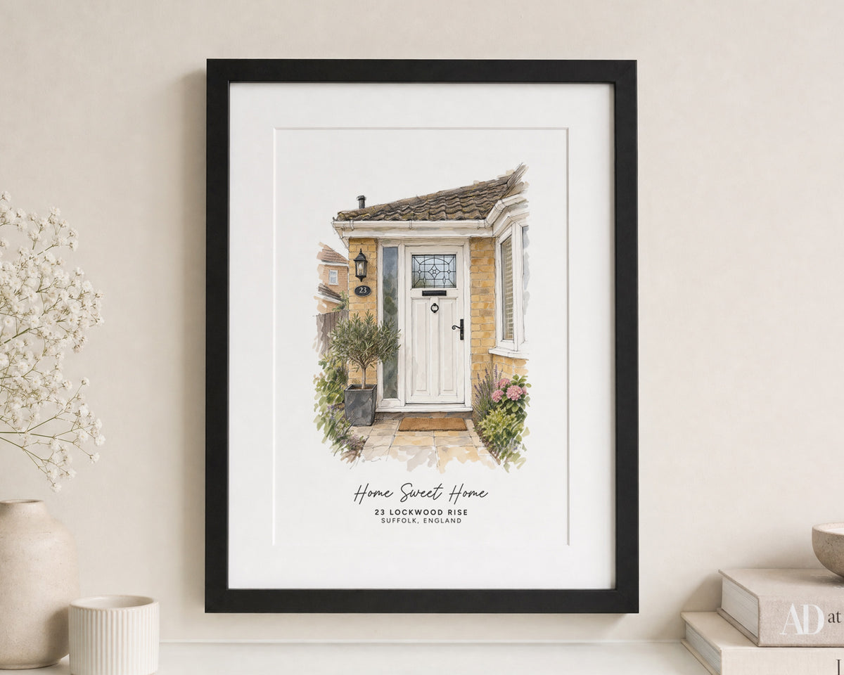 Personalised House Portrait Print, Custom Home Illustration, New Home Gift, House Warming Gift, Address Wall Art, Black Framed Print