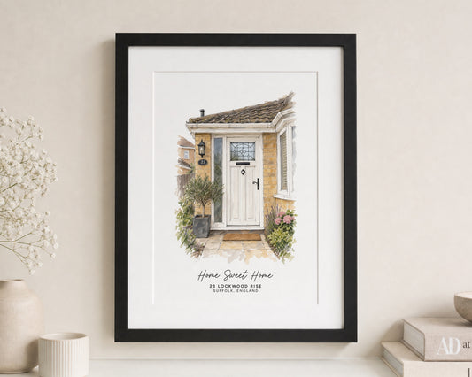 Personalised House Portrait Print, Custom Home Illustration, New Home Gift, House Warming Gift, Address Wall Art, Black Framed Print