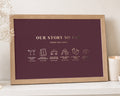 Personalised Gold Foil Couple Timeline Print, Burgundy Wall Art, Our Story So Far, Anniversary Gift, Wedding Gift for Couple