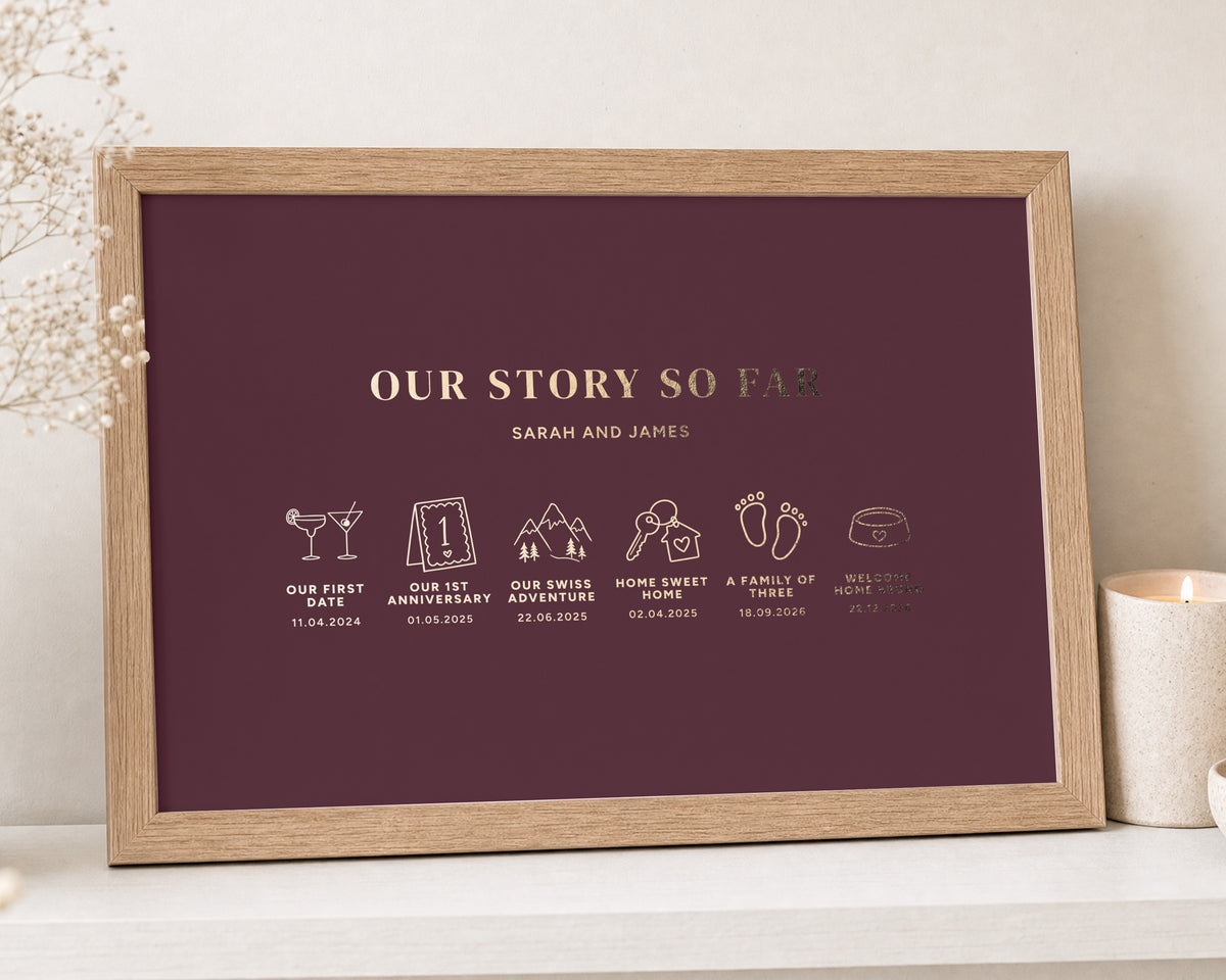 Personalised Gold Foil Couple Timeline Print, Burgundy Wall Art, Our Story So Far, Anniversary Gift, Wedding Gift for Couple
