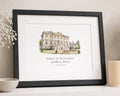 Personalised Wedding Venue Print, Illustrated Couple Wall Art, Wedding Gift, Anniversary Gift, Landscape Framed Print With Mount