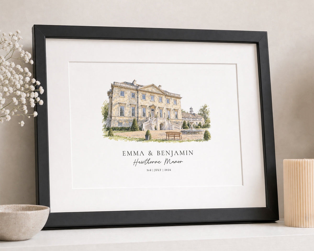 Personalised Wedding Venue Print, Illustrated Couple Wall Art, Wedding Gift, Anniversary Gift, Landscape Framed Print With Mount