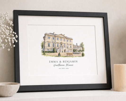 Personalised Wedding Venue Print, Illustrated Couple Wall Art, Wedding Gift, Anniversary Gift, Landscape Framed Print With Mount