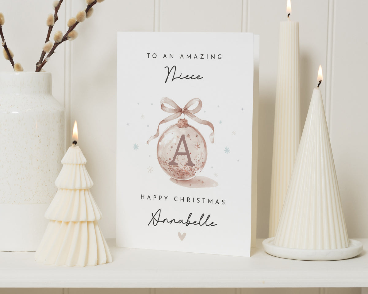 Christmas Card for Niece, Personalised Niece Christmas Card, Christmas Cards for Her, Custom Initial Bauble Card for Girl