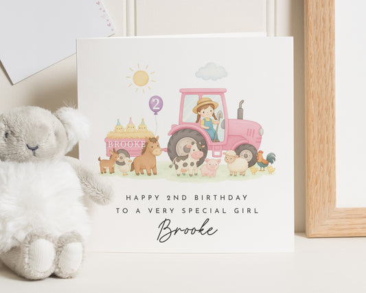 2nd Birthday Card for Girl, Personalised Birthday Card, Birthday Card for Daughter, Farm Animal Birthday Card, Tractor Birthday Card