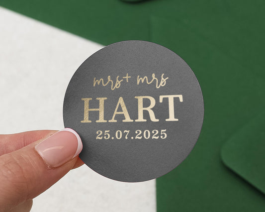 Personalised Wedding Sticker, Mrs And Mrs Wedding Label, Custom Name Date Sticker, Gold Foil Wedding Sticker, Gay Wedding Favour Label