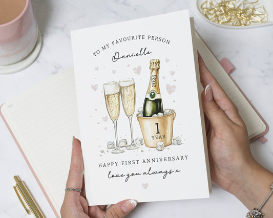 Personalised First Anniversary Card, 1st Anniversary Card for Husband Wife, Anniversary Card for Partner, Champagne Anniversary Card